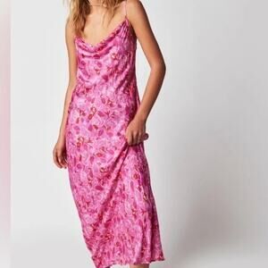 SPELL Islamorada Bias Strappy Floral Rose Cowl Neck Pink Slip Maxi Dress Large